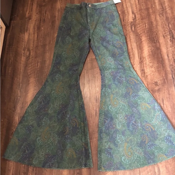 Free People Throw It Back Reversible Flare Jeans Paisley Print Teal Blue Gold - Picture 4 of 5